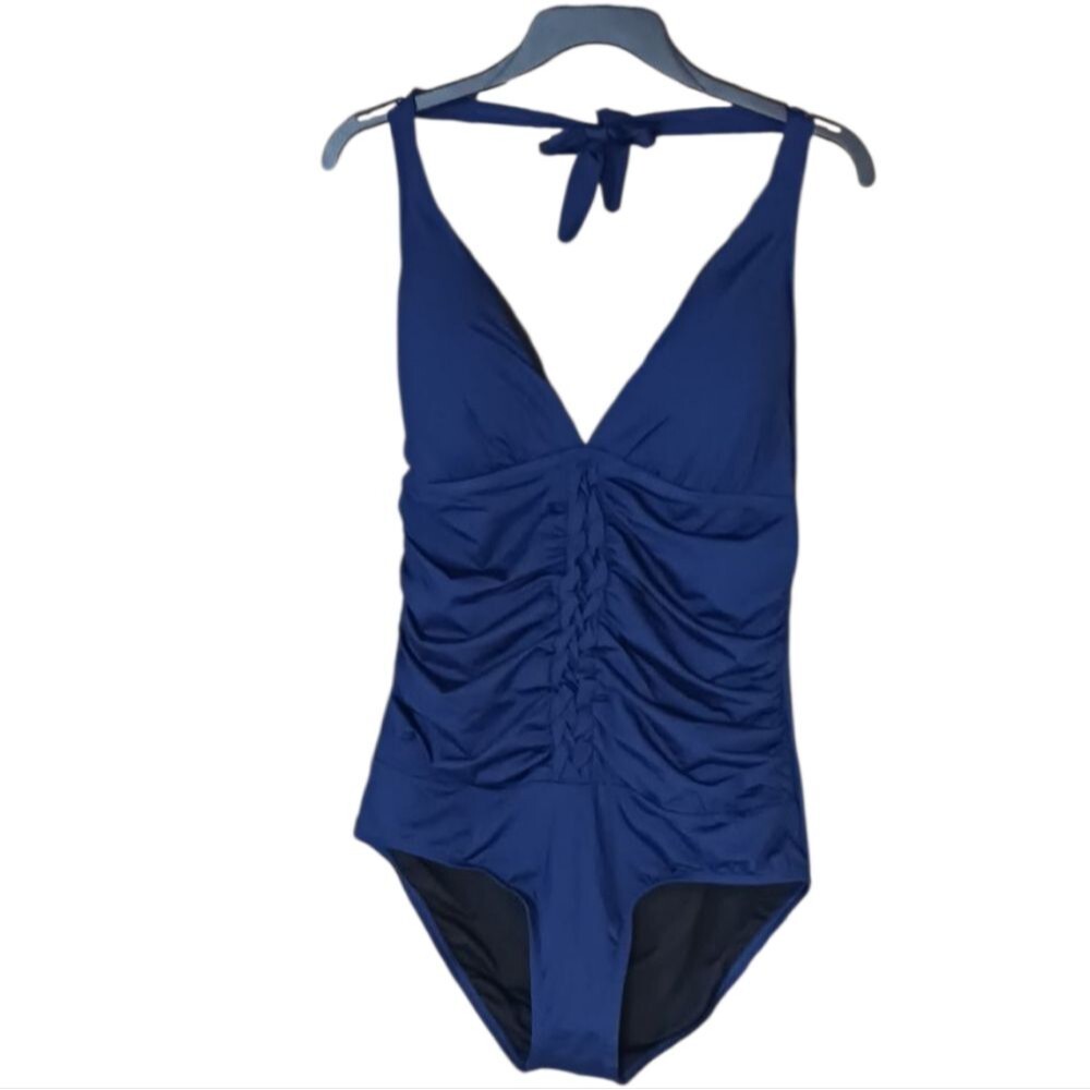 One-Piece Swimsuit Braided and Ruched Front Design Blue Women's 16 by; firpearl